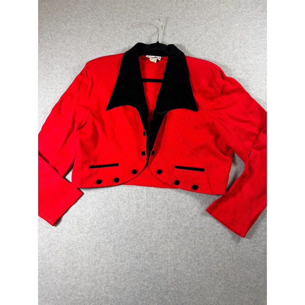 Vintage 80s 90s MENU Womens Cropped Red Tailored Collared Jacket Velvet Collar